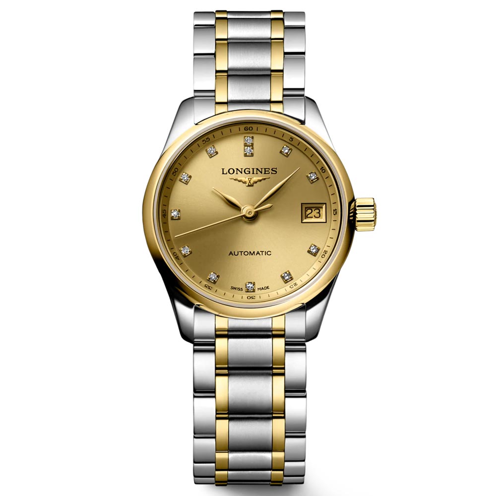 Longines Master Collection 25.5mm Gilt Dial 18ct Gold & Steel Diamond  Automatic Ladies Watch L2.128.5.37.7