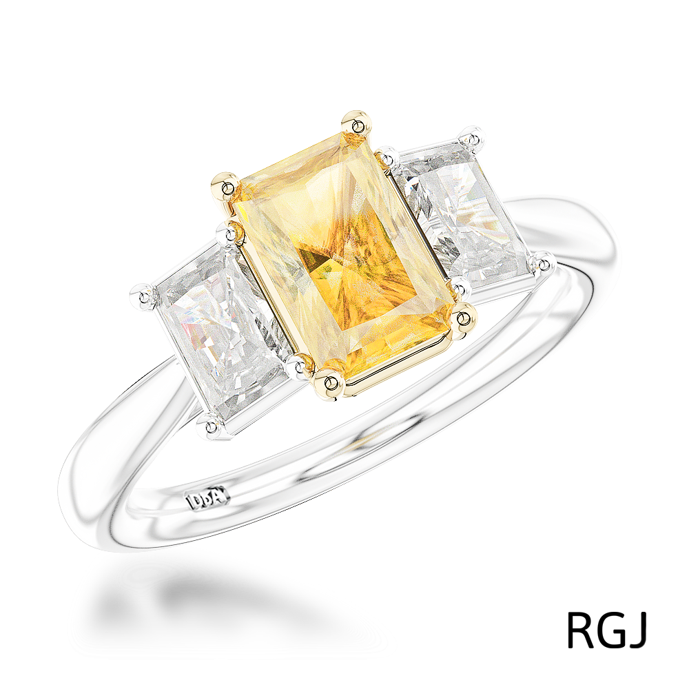 The Florentina Platinum 2.01ct Yellow Diamond And 1.00ct Diamond Radiant Cut Three Stone Ring