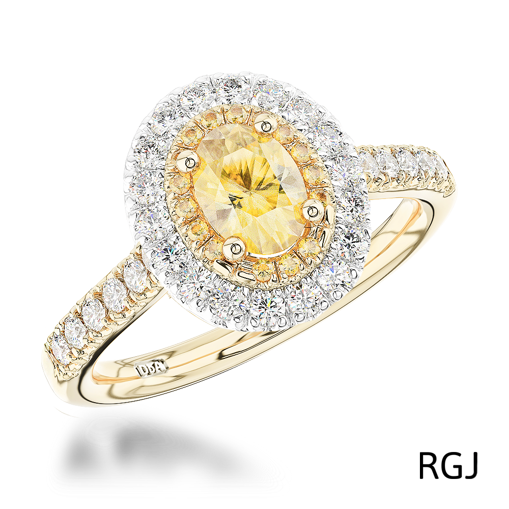 The Skye Duo 18ct Yellow Gold And Platinum 0.75ct Oval Cut Yellow Diamond Engagement Ring With 0.55ct Double Diamond Halo And Diamond Set Shoulders