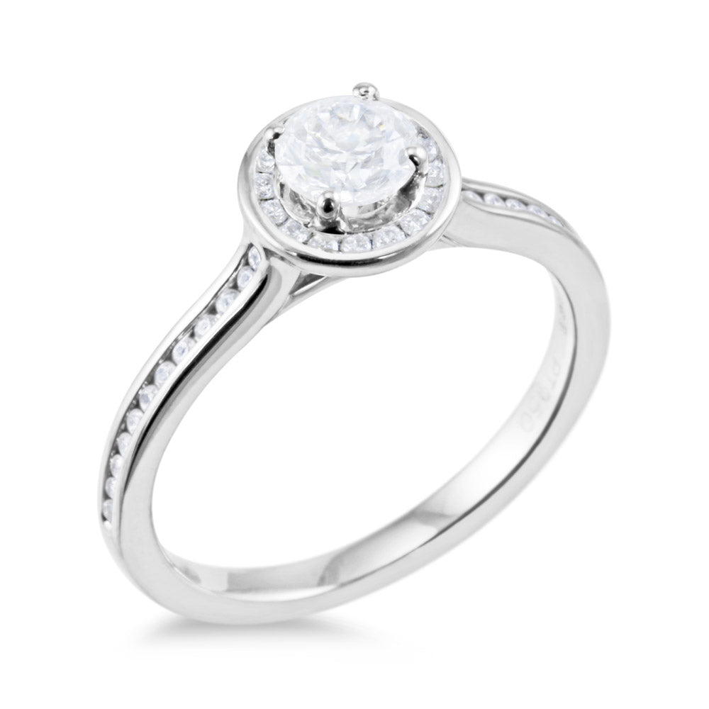 Platinum 0.65ct Round Brilliant Cut Diamond Engagement Ring With Diamond Halo And Diamond Set Shoulders