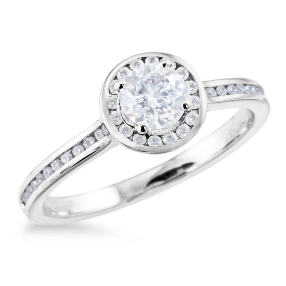 Platinum 0.65ct Round Brilliant Cut Diamond Engagement Ring With Diamond Halo And Diamond Set Shoulders