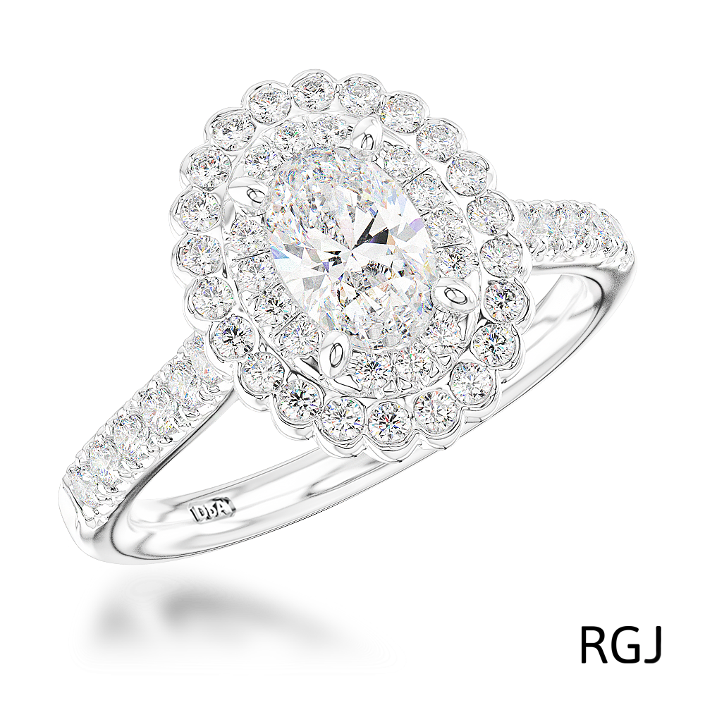 The Faroe Duo Platinum Oval Cut Diamond Engagement Ring With Double Diamond Halo And Diamond Set Shoulders