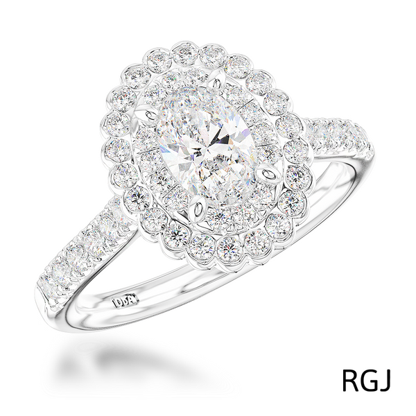 The Faroe Duo Platinum Oval Cut Diamond Engagement Ring With Double Diamond Halo And Diamond Set Shoulders