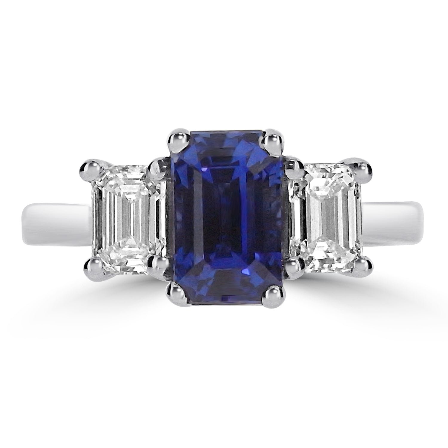 Platinum Emerald Cut 1.73ct Blue Sapphire And 1.04ct Diamond Three Stone Ring