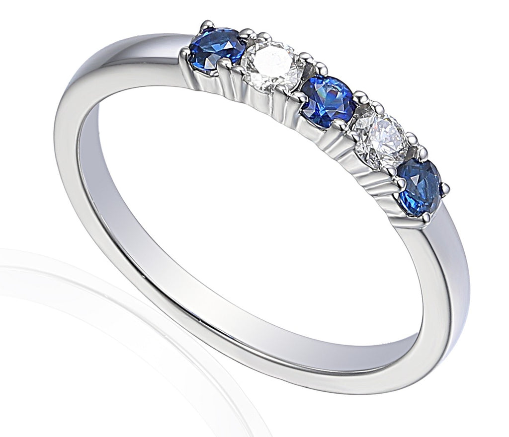 18ct White Gold 0.89ct Blue Sapphire And 0.38ct Diamond Round Brilliant Cut Five Stone Ring