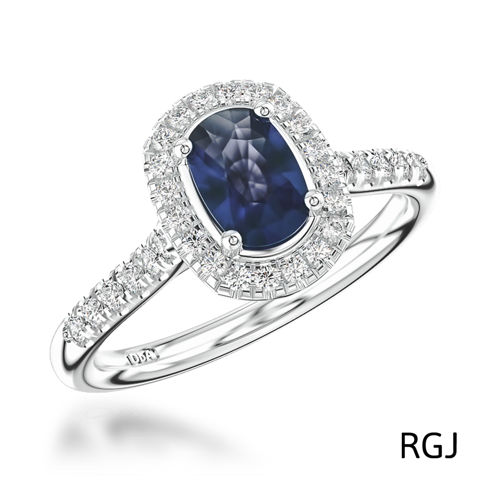 The Skye Platinum 1.46ct Cushion Cut Blue Sapphire Ring With 0.41ct Diamond Halo And Diamond Set Shoulders