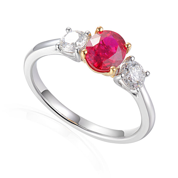 Platinum And 18ct Yellow Gold 0.98ct Oval Cut Ruby And 0.47ct Round Brilliant Cut Diamond Three Stone Ring