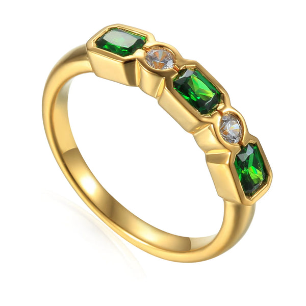 18ct Yellow Gold 0.58ct Octagon Cut Emerald And 0.12ct Round Brilliant Cut Diamond Five Stone Ring