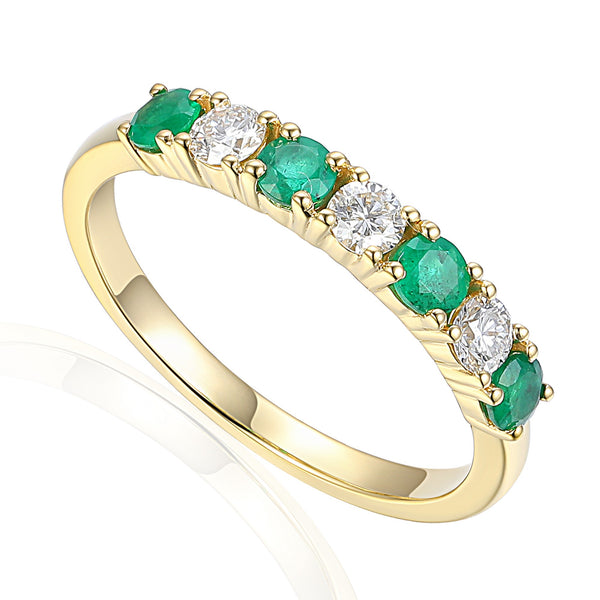 18ct Yellow Gold 0.30ct Emerald And 0.19ct Diamond Round Brilliant Cut Seven Stone Ring
