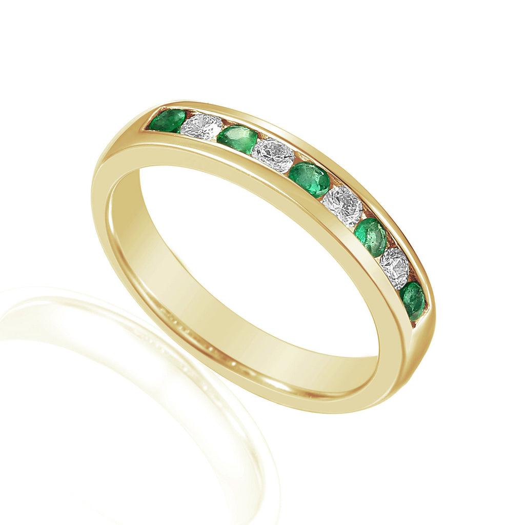 18ct Yellow Gold 0.22ct Emerald And 0.17ct Diamond Channel Set Half Eternity Ring