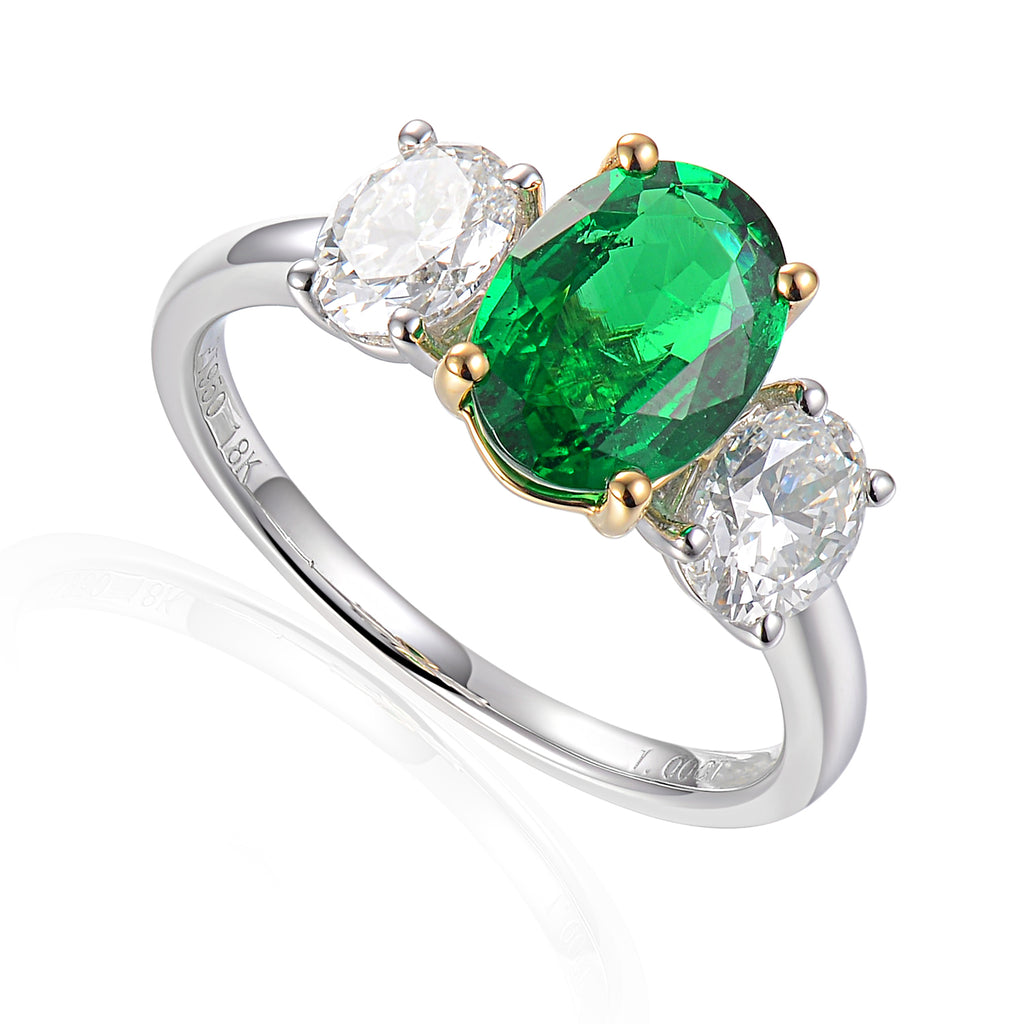 Platinum And 18ct Yellow Gold Oval Cut 1.47ct Emerald And 1.00ct Diamond Three Stone Ring