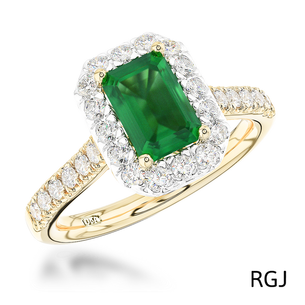 The Evie 18ct Yellow Gold And Platinum 0.93ct Emerald Cut Emerald Ring With 0.47ct Diamond Halo And Diamond Set Shoulders