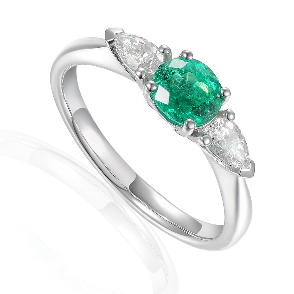 Platinum 0.62ct Round Brilliant Cut Emerald And 0.30ct Pear Cut Diamond Three Stone Ring