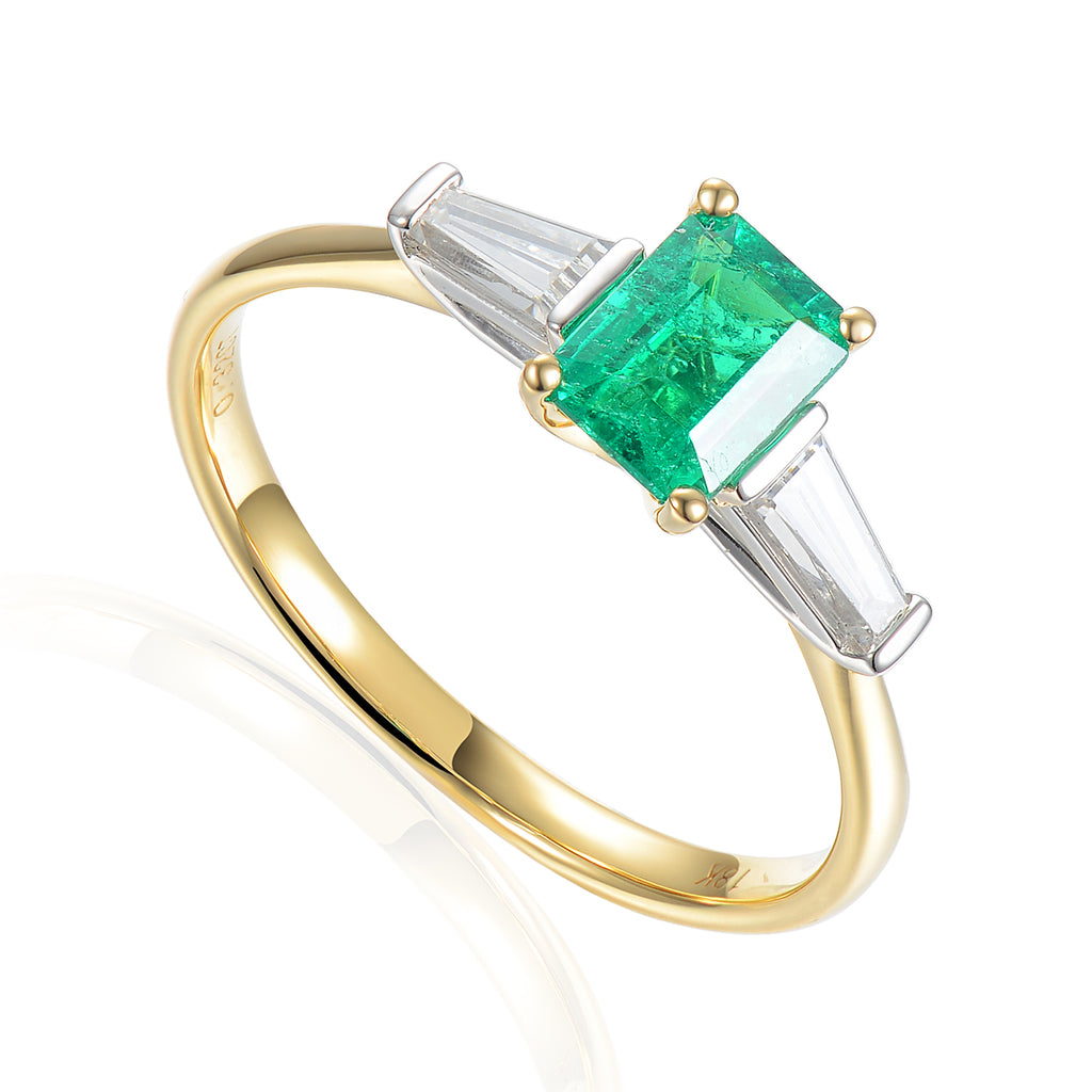 18ct Yellow And White Gold 0.60ct Octagon Cut Emerald And 0.33ct Tapered Baguette Cut Diamond Three Stone Ring