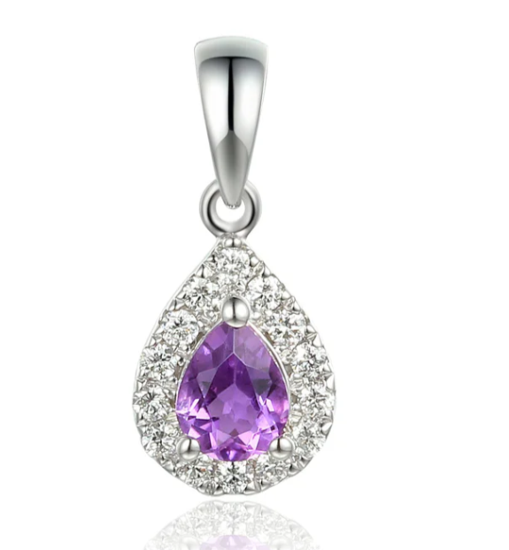 9ct White Gold 0.25ct Pear Cut Amethyst And 0.12ct Diamond Halo Necklace