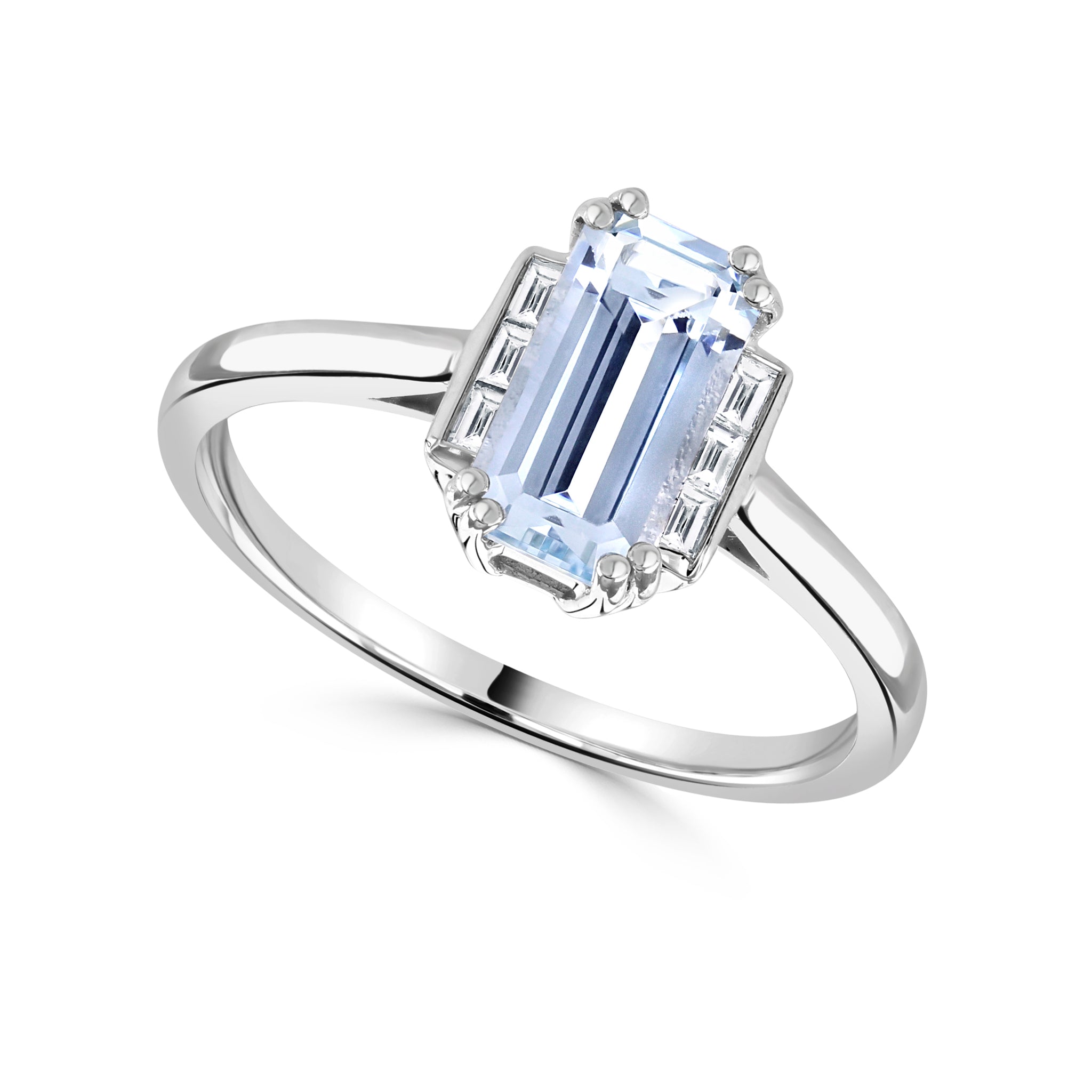 Platinum 3.77ct Long Octagon Cut Aquamarine And 0.28ct Baguette Cut Diamond Ring