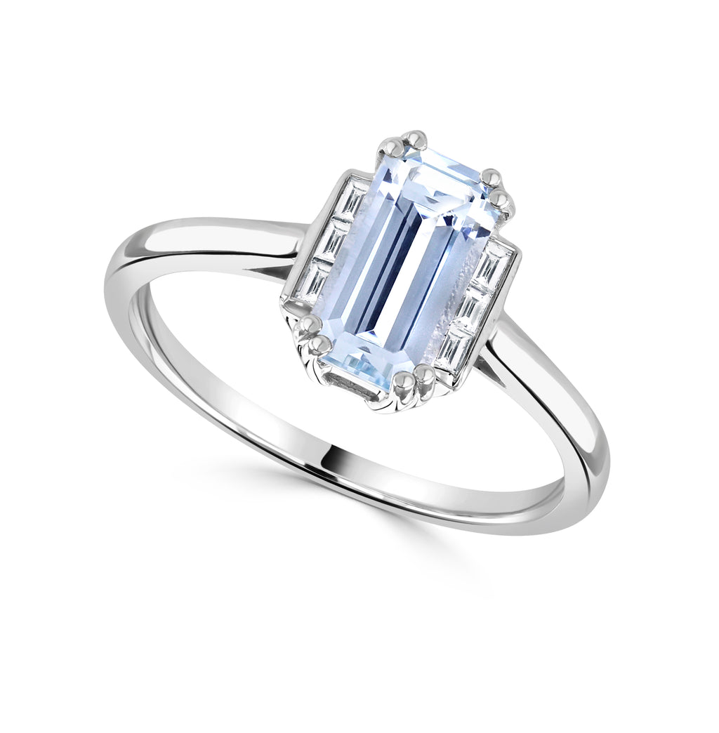 Platinum 3.77ct Long Octagon Cut Aquamarine And 0.28ct Baguette Cut Diamond Ring