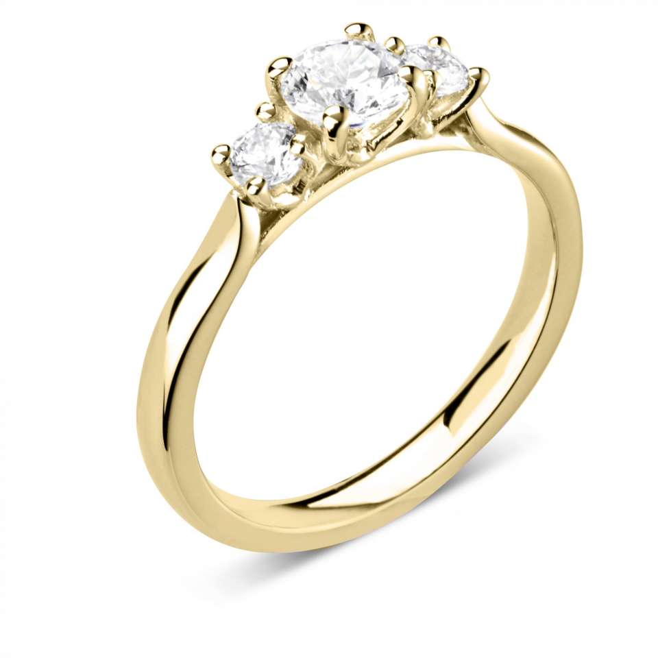 The Round Brilliant Cut 9ct Yellow Gold Laboratory Grown Diamond Three Stone Engagement Ring