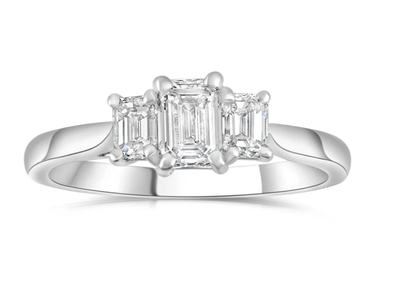 The Emerald Cut Platinum Laboratory Grown Diamond Three Stone Engagement Ring