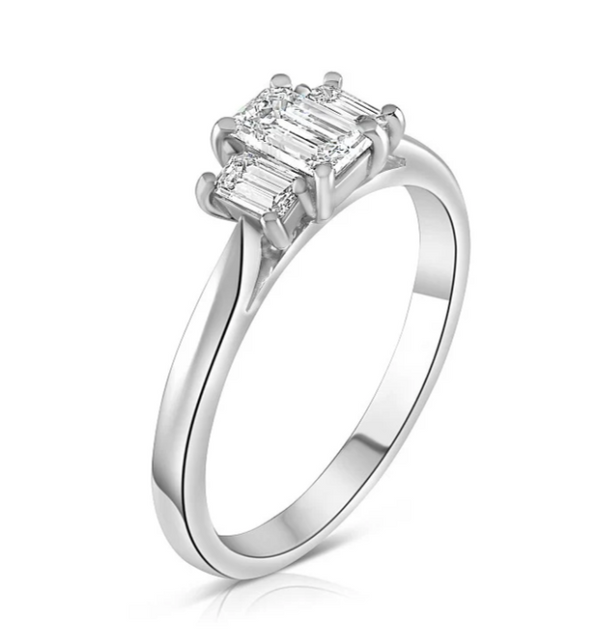 The Emerald Cut Platinum Laboratory Grown Diamond Three Stone Engagement Ring