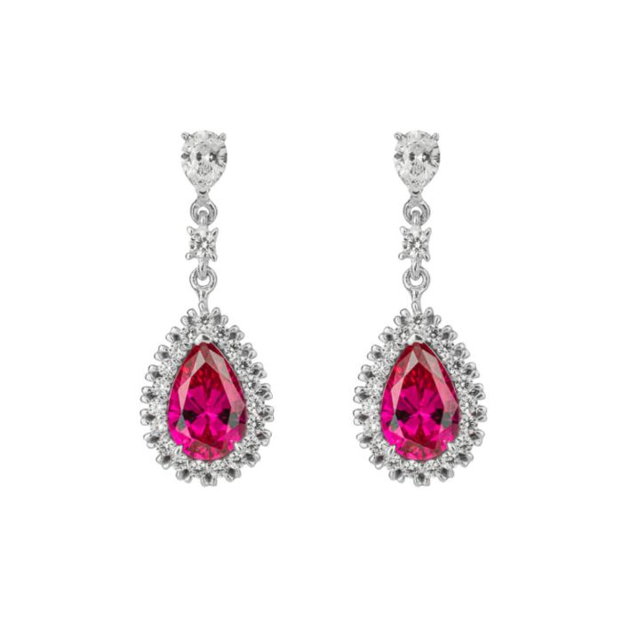 Diamonfire Silver Red Zirconia Teardrop Pave Drop Earrings E6193