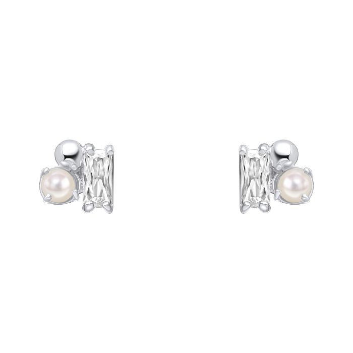 Silver Cubic Zirconia And Freshwater Pearl Cluster Stud Earrings E6482W