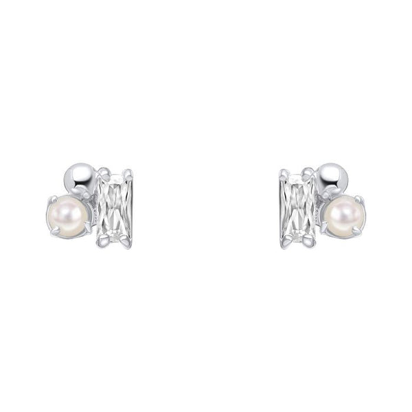 Silver Cubic Zirconia And Freshwater Pearl Cluster Stud Earrings E6482W