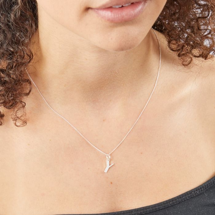 Silver Initial Y Cubic Zirconia Necklace P4747C