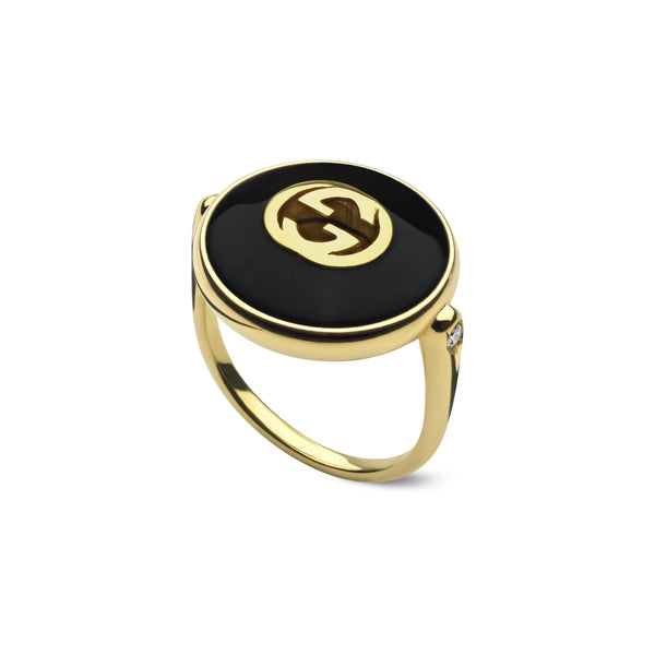 Gucci Interlocking 18ct Yellow Gold Black Onyx And Diamond Ring YBC786604001