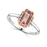 Platinum And 18ct Rose Gold 4.24ct Long Octagon Cut Morganite And 0.27ct Baguette Cut Diamond Ring