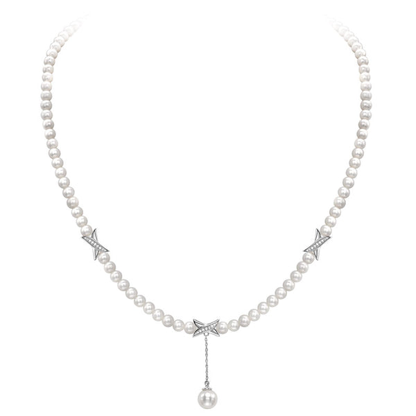 9ct White Gold Freshwater Pearl And 0.08ct Diamond Drop Necklace