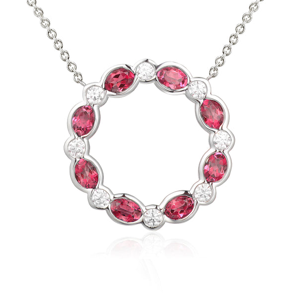 9ct White Gold 1.30ct Pink Tourmaline And 0.21ct Diamond Circle Necklace