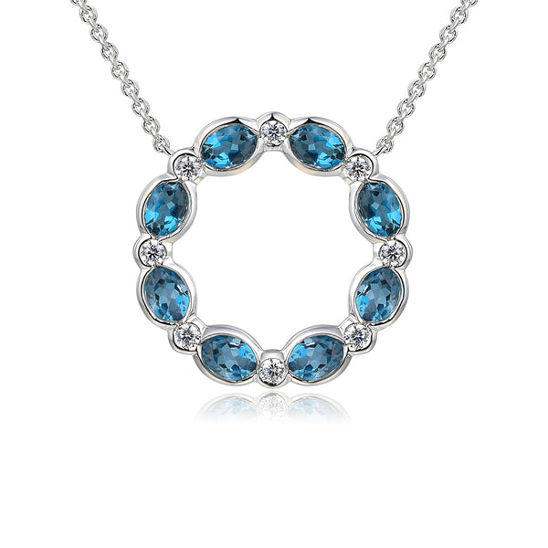 9ct White Gold 1.53ct London Blue Topaz And 0.21ct Diamond Circle Necklace