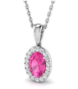 18ct White Gold 0.62ct Oval Cut Pink Sapphire And 0.08ct Diamond Halo Drop Necklace