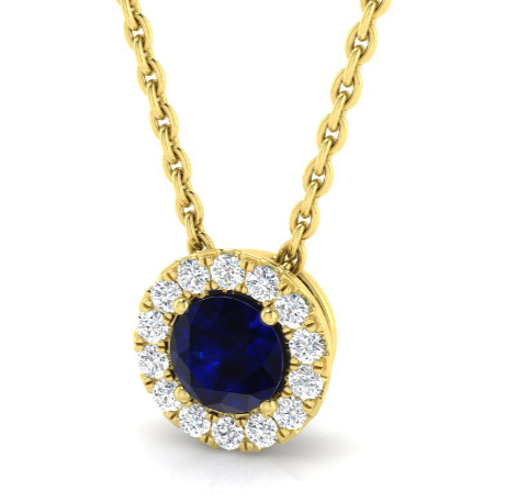 18ct Yellow Gold 0.32ct Round Brilliant Cut Blue Sapphire And 0.08ct Diamond Halo Necklace