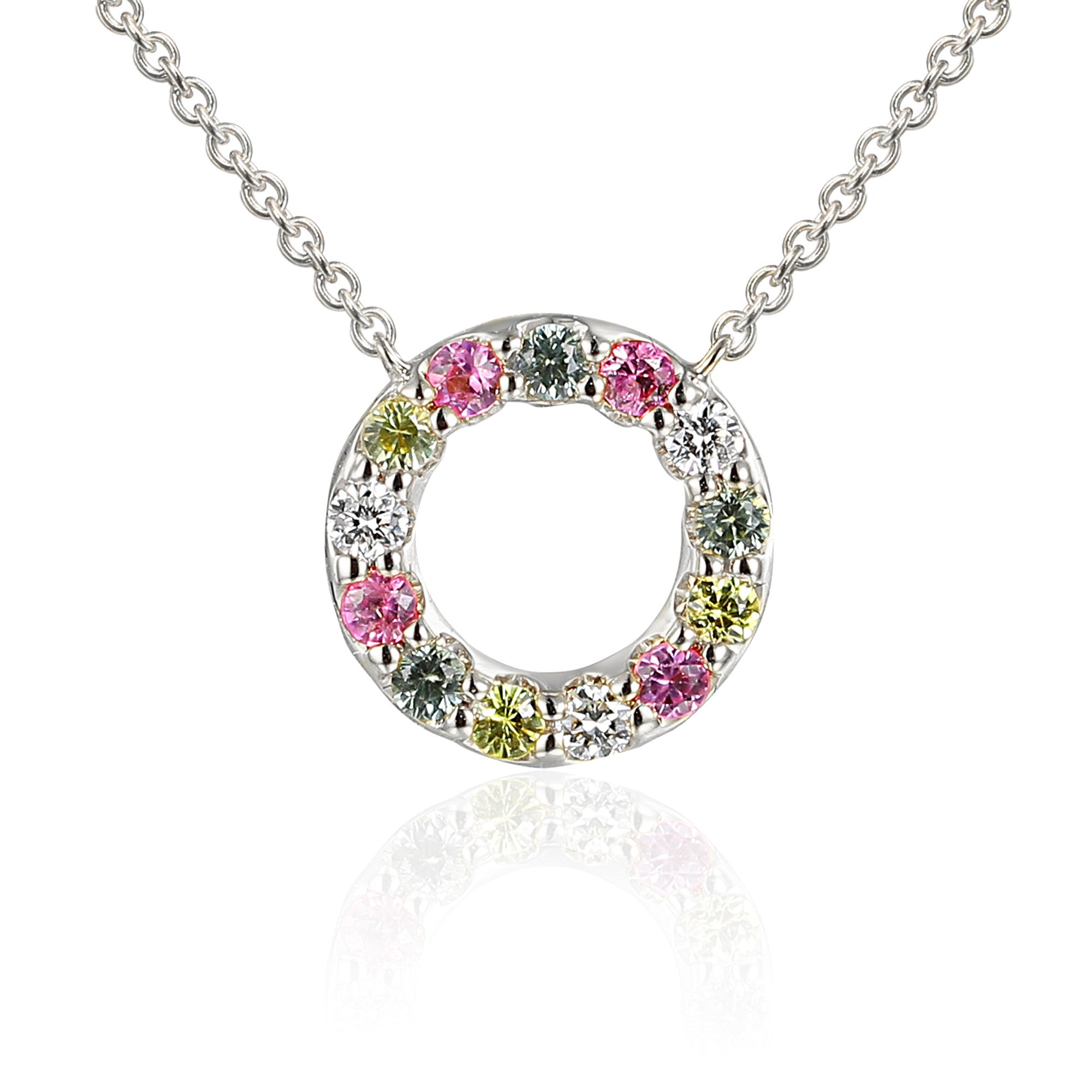 18ct White Gold 0.28ct Multi-Colour Sapphire And 0.09ct Diamond Circle Necklace