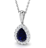 18ct White Gold 0.89ct Pear Cut Blue Sapphire And 0.20ct Diamond Halo Necklace