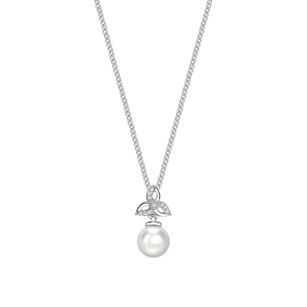 9ct White Gold Freshwater Pearl And 0.03ct Diamond Necklace