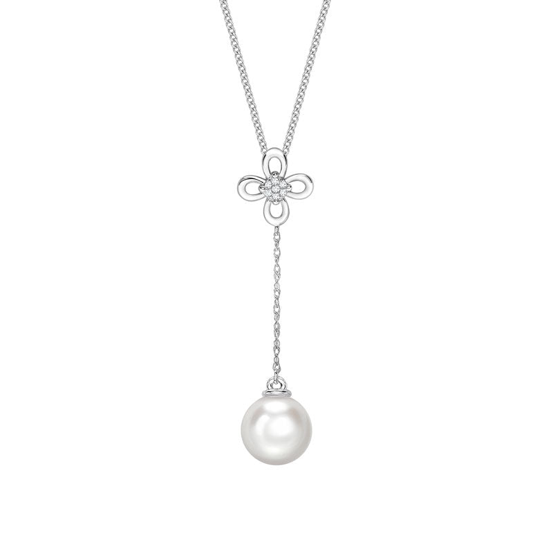 9ct White Gold Freshwater Pearl And 0.06ct Diamond Flower Drop Necklace