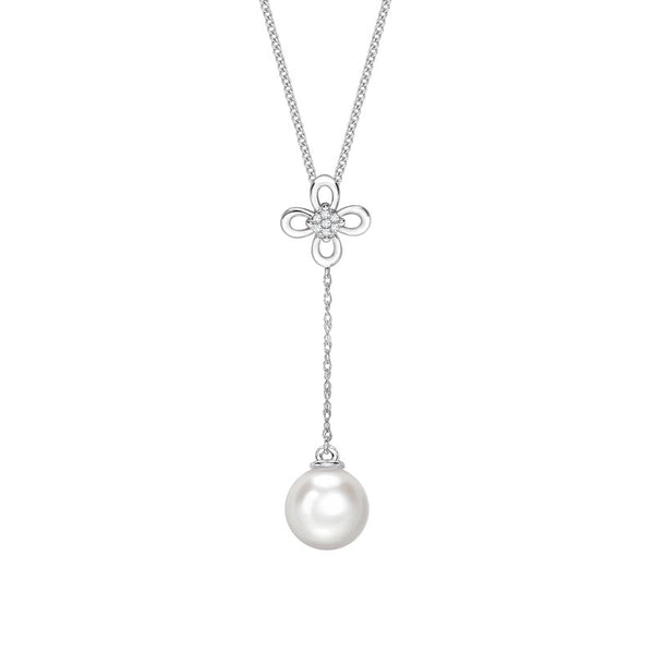 9ct White Gold Freshwater Pearl And 0.06ct Diamond Flower Drop Necklace