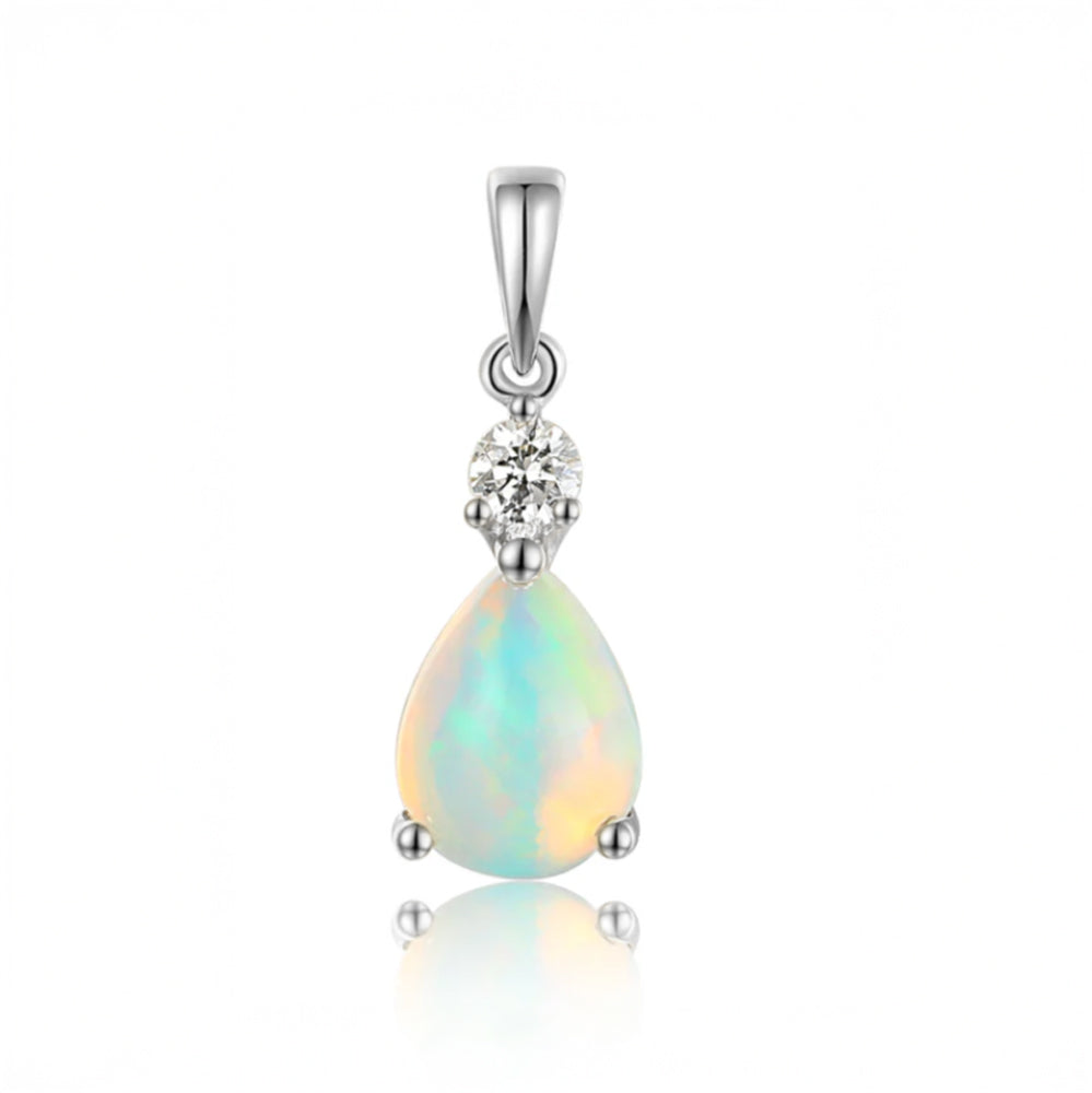 9ct White Gold 0.65ct Pear Cut Opal And 0.08ct Diamond Pendant Only