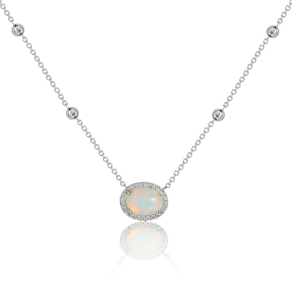 9ct White Gold 1.34ct Oval Cut Opal And 0.22ct Diamond Necklace