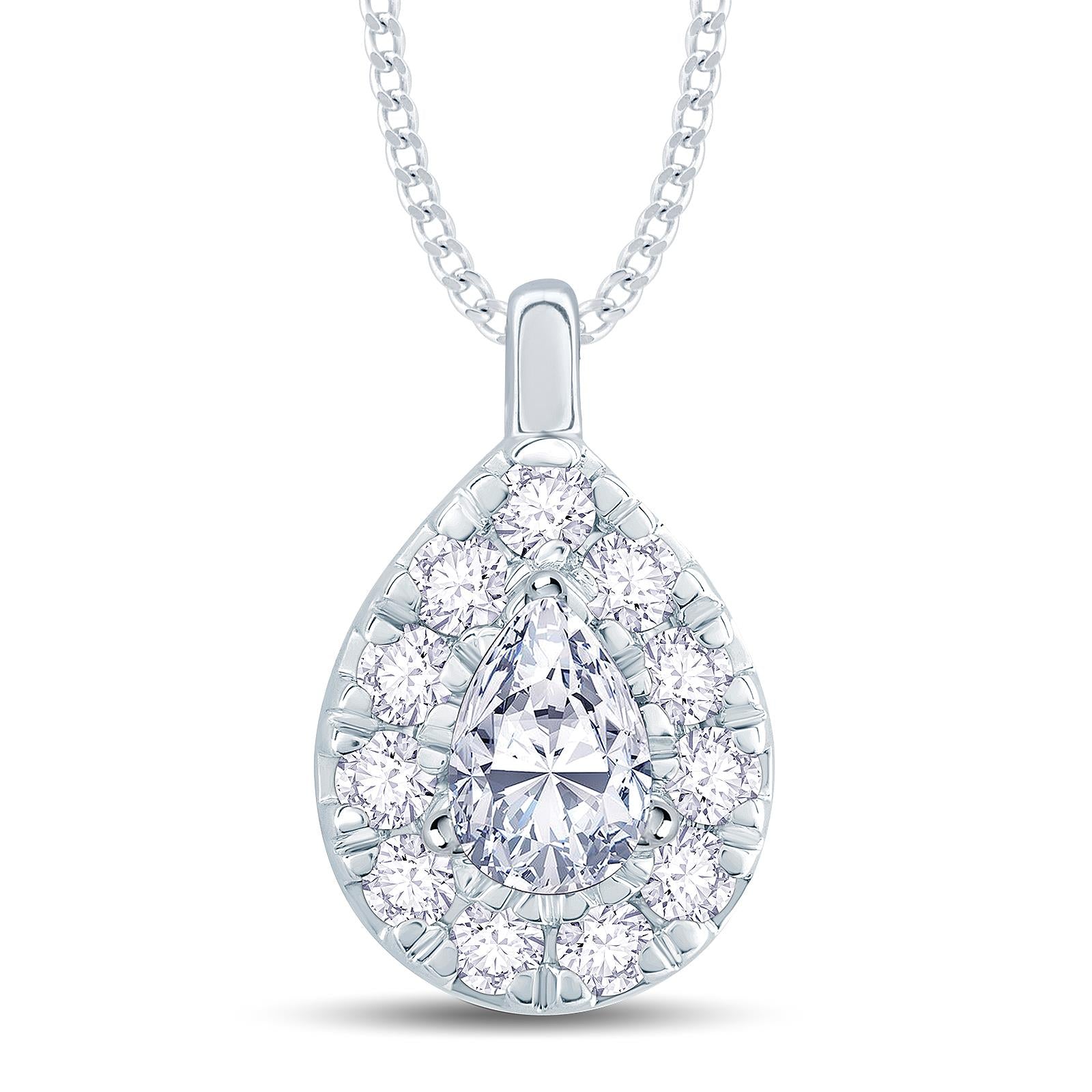 18ct White Gold 0.40ct Pear Cut Diamond Halo Necklace