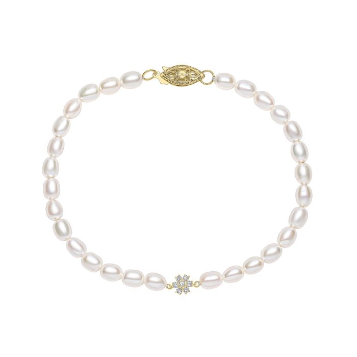 9ct Yellow Gold Freshwater Pearl And Diamond Flower Bracelet GB531W