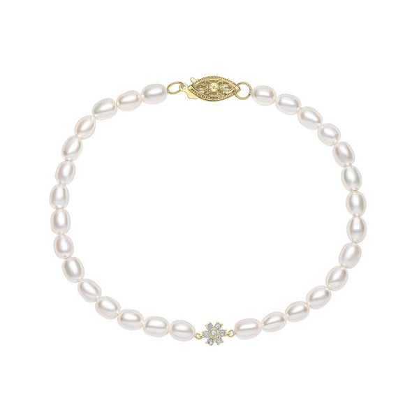 9ct Yellow Gold Freshwater Pearl And Diamond Flower Bracelet GB531W