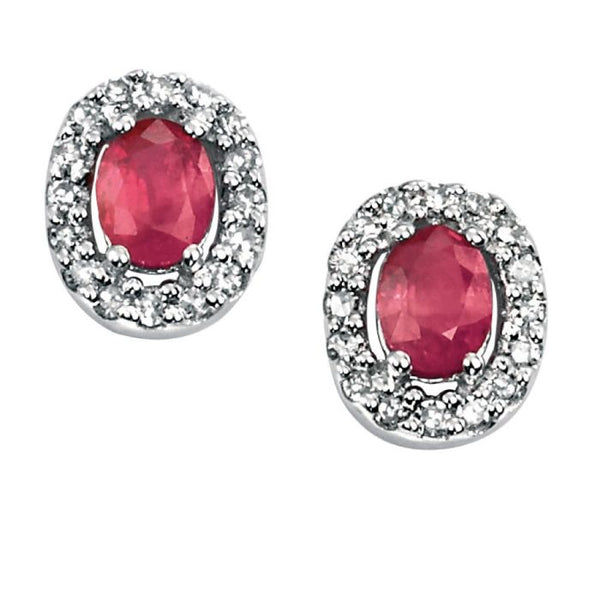 9ct White Gold Ruby And Diamond Halo Stud Earrings GE703R