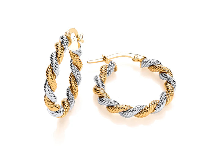 9ct Yellow And White Gold Twisted Hoop Earrings