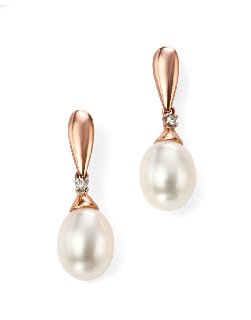 9ct Rose Gold Pearl And Diamond Drop Earrings GE996W