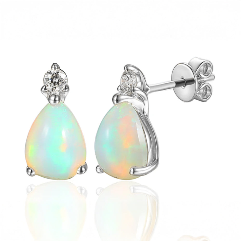 9ct White Gold 1.41ct Pear Cut Opal And 0.10ct Diamond Drop Earrings