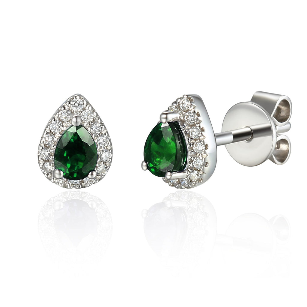 18ct White Gold 0.30ct Pear Cut Emerald And 0.09ct Diamond Halo Stud Earrings